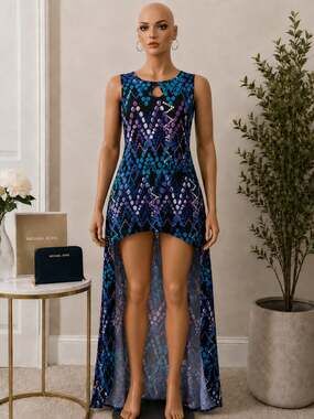Ashley Stewart Sleeveless High-Low Maxi Dress with Blue and Purple Abstract Dot